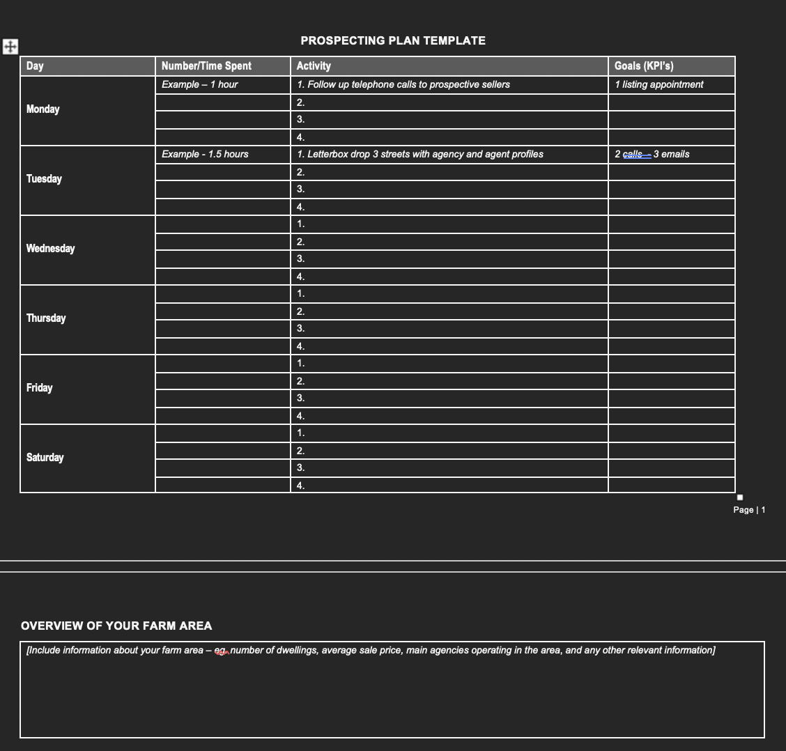 Day Number/Time Spent Example - 1 hour PROSPECTING PLAN TEMPLATE Activity 1.