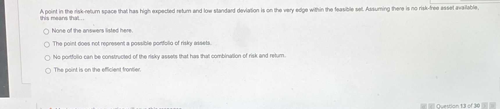 A point in the risk-return space that has high expected return and