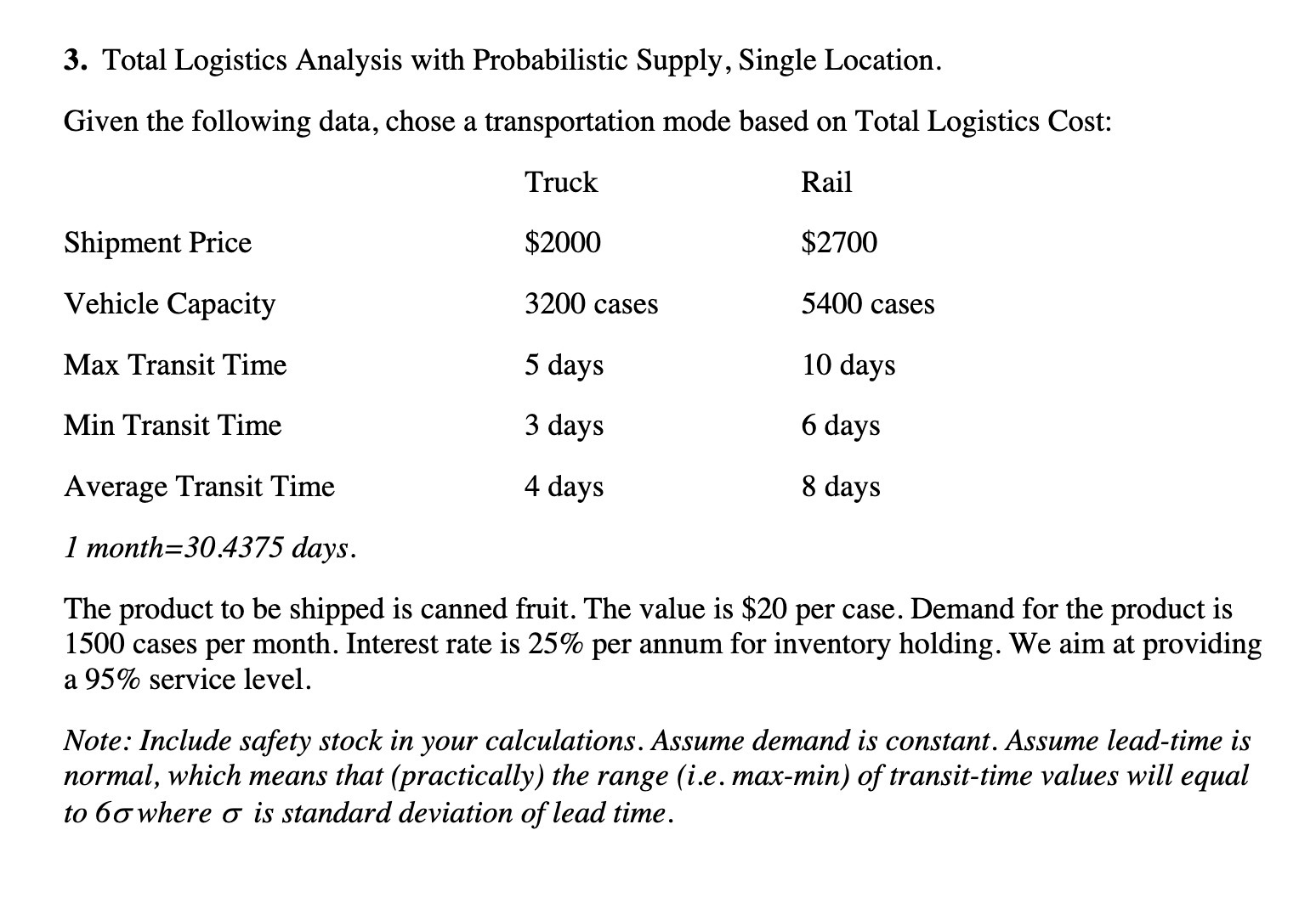 3. Total Logistics Analysis with Probabilistic Supply, Single Location. Given the following