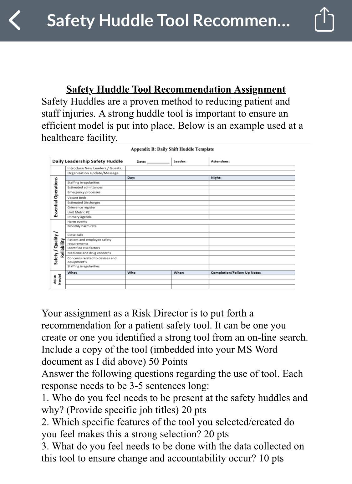 Safety Huddle Tool Recommen... Safety Huddle Tool Recommendation Assignment Safety Huddles are