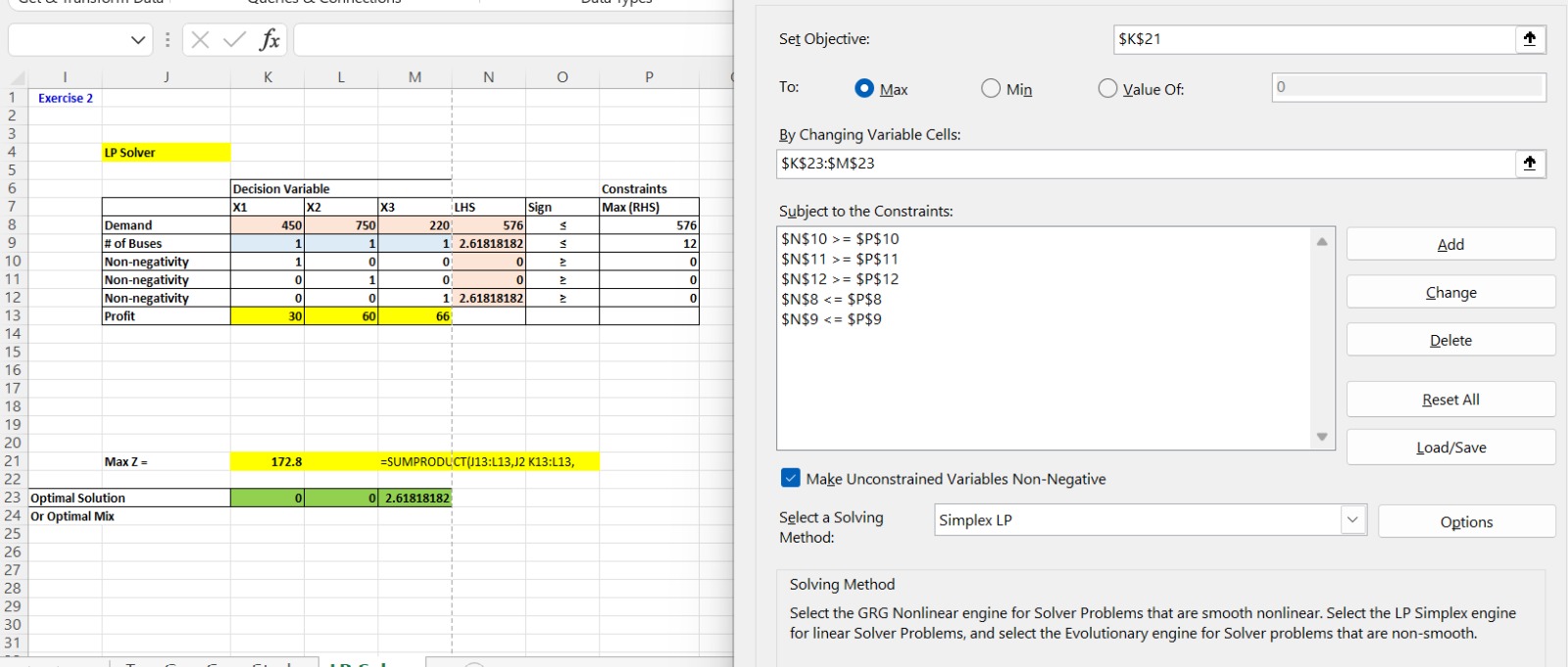 Show, also, the underlying Excel matrix model used to run Solver. You