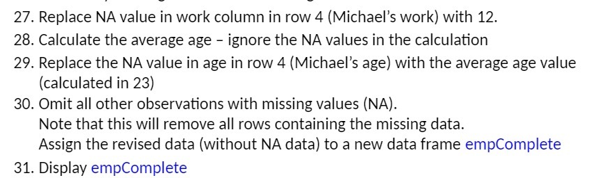 27. Replace NA value in work column in row 4 (Michael's work)