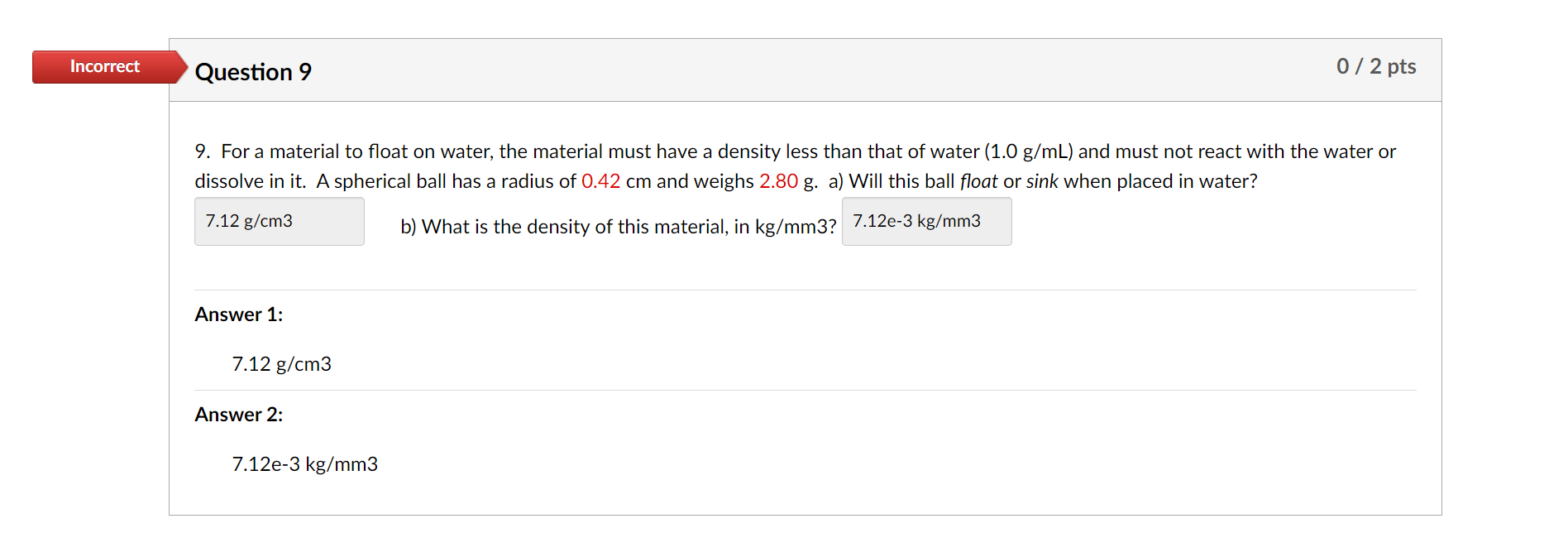 Incorrect Question 9 0/2 pts 9. For a material to float on