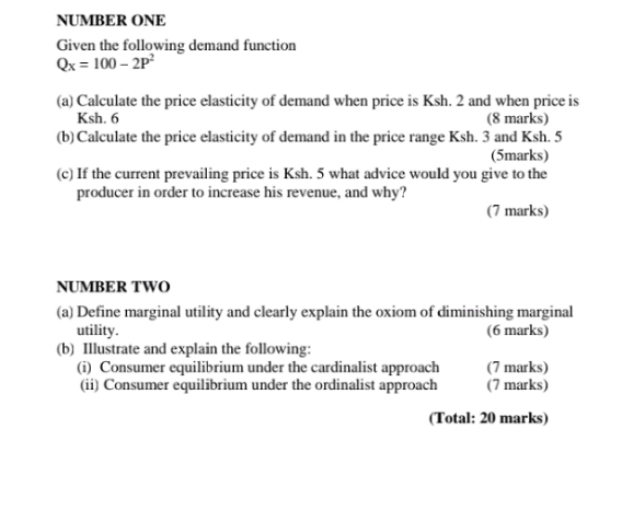 NUMBER ONE Given the following demand function Qx = 100-2P (a) Calculate