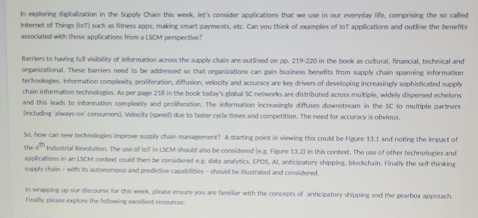 In exploring digitalization in the Supply Chain this week, let's consider applications