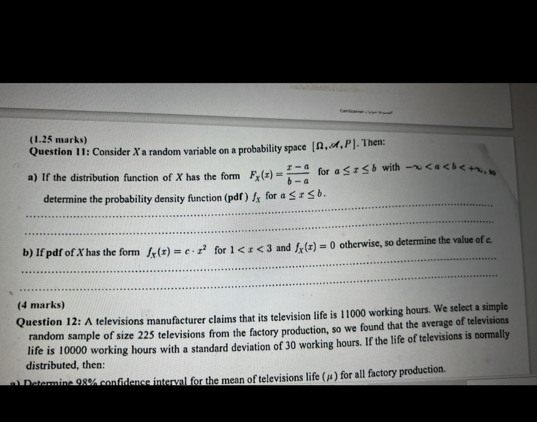 CamScanner (1.25 marks) Question 11: Consider X a random variable on a