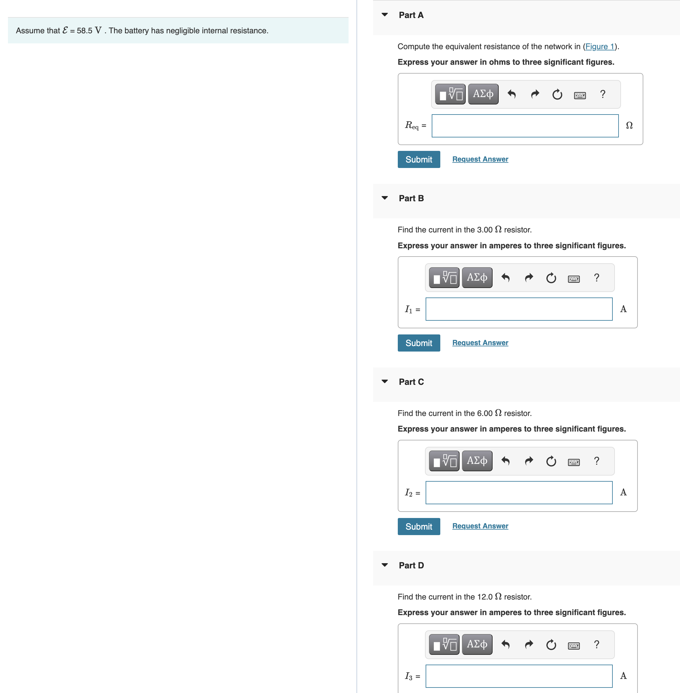 Assume that E = 58.5 V . The battery has negligible internal