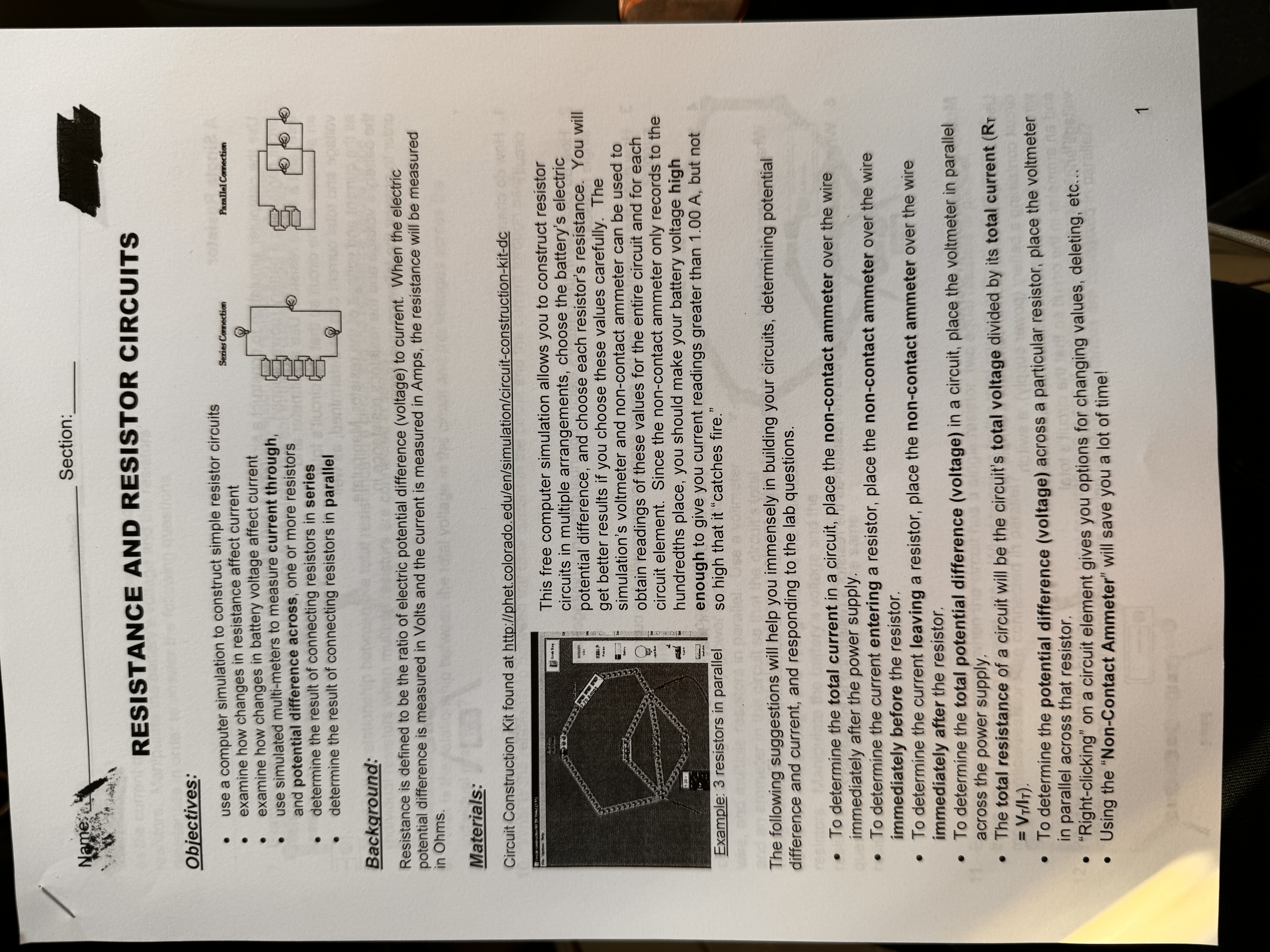 Section: Name: RESISTANCE AND RESISTOR CIRCUITS ons 010 Objectives: use a computer