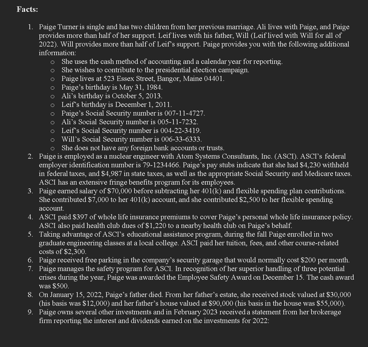 Paige Turner's 2022 federal income tax return. If any information is missing,