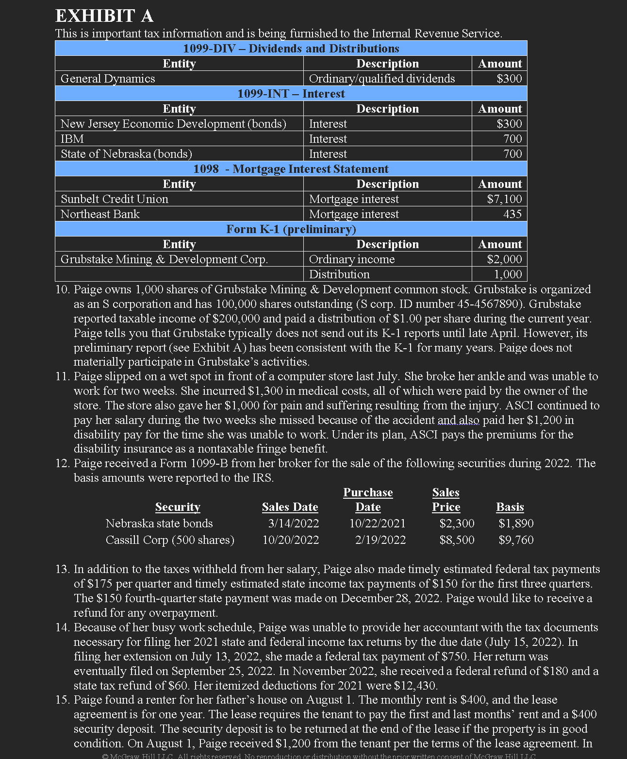 use reasonable assumptions to fill in the gaps. Facts: 1. Paige Turner