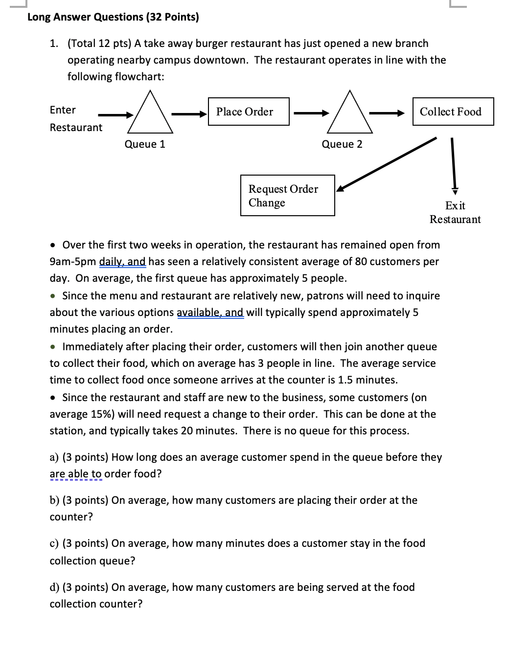 Long Answer Questions (32 Points) 1. (Total 12 pts) A take away