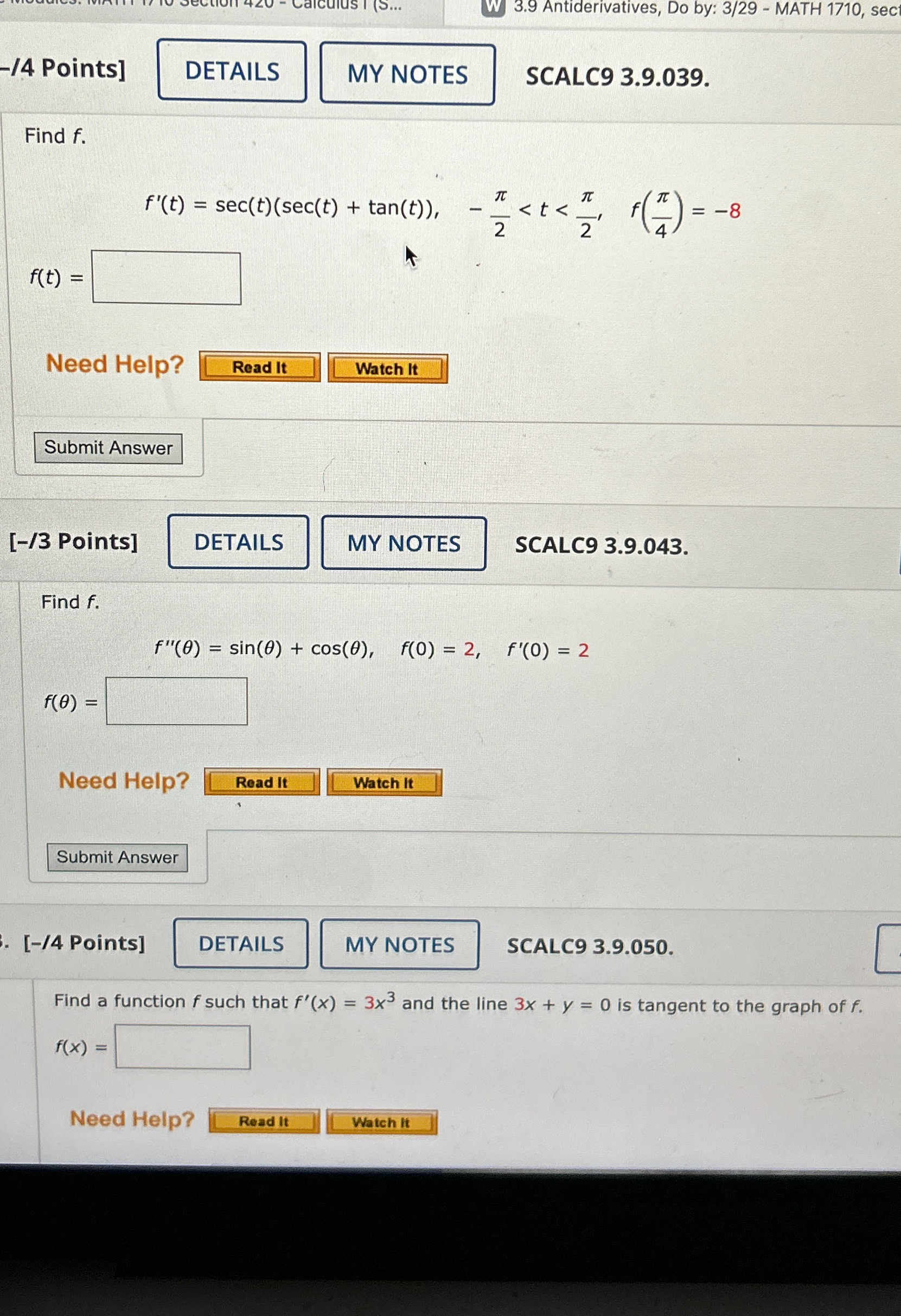 UST (S... W 3.9 Antiderivatives, Do by: 3/29 - MATH 1710, sect