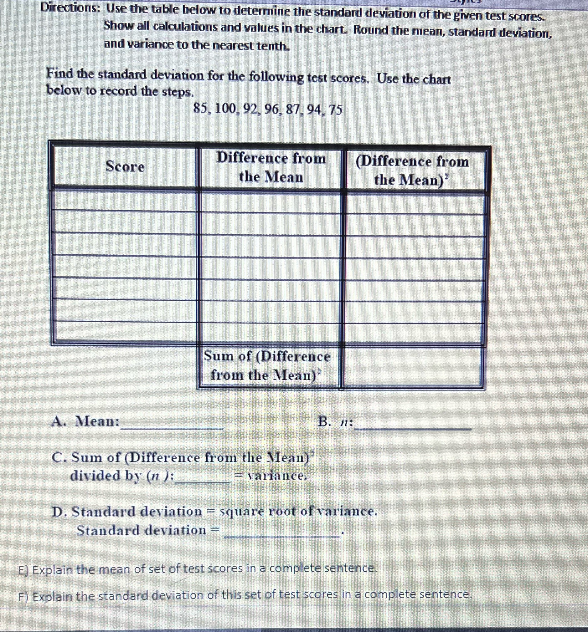 Directions: Use the table below to determine the standard deviation of the