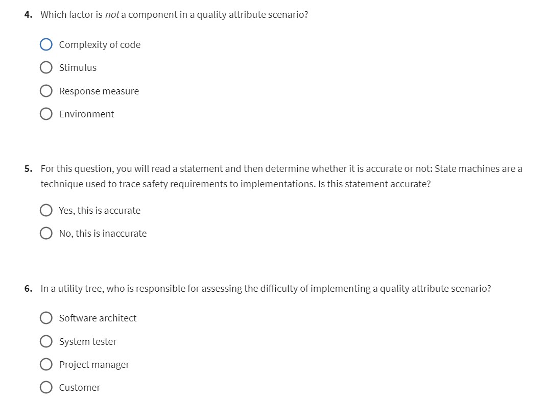 4. Which factor is not a component in a quality attribute scenario?
