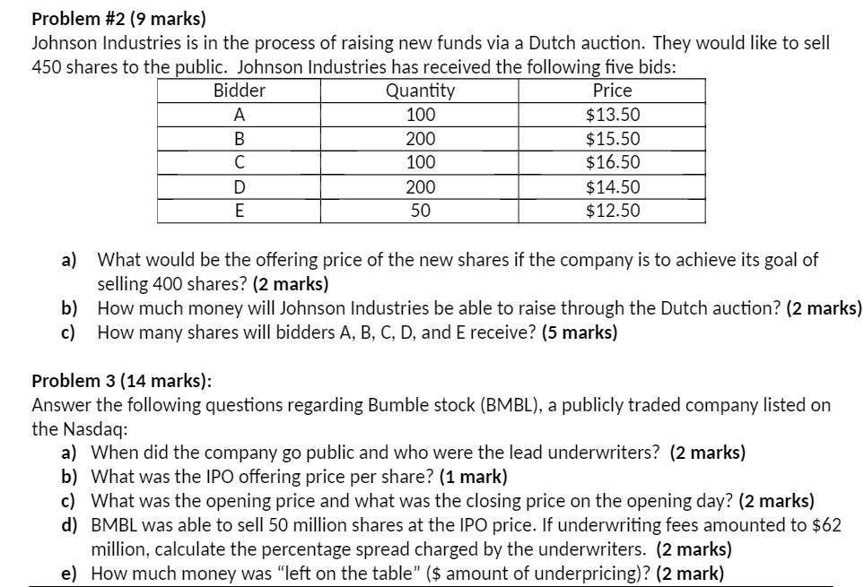 Problem #2 (9 marks) Johnson Industries is in the process of raising