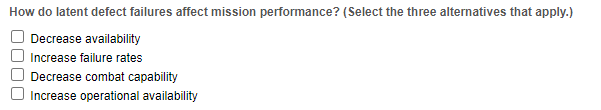 How do latent defect failures affect mission performance? (Select the three alternatives