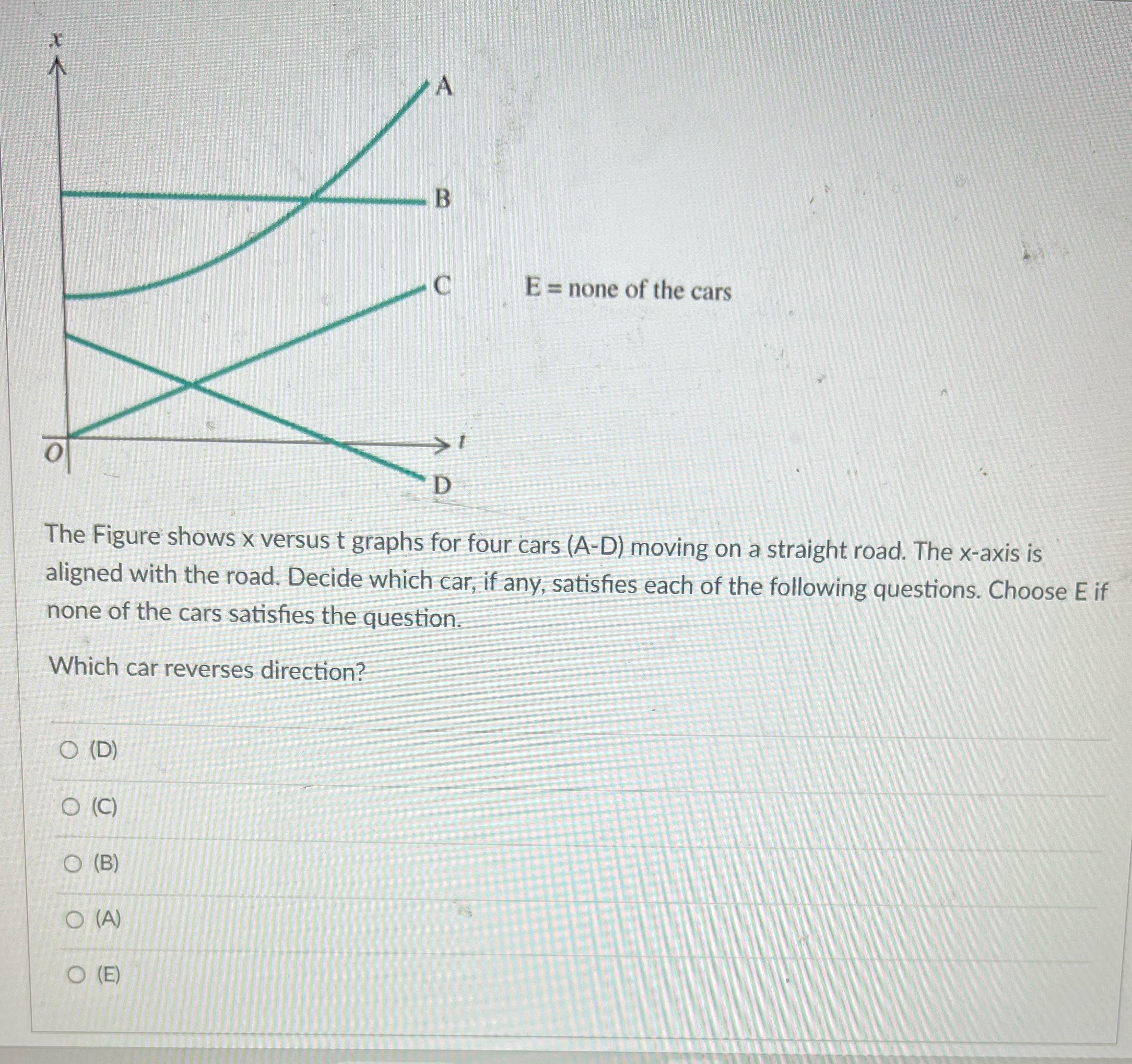 A B C E = none of the cars D The Figure