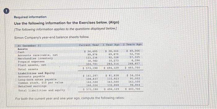 Required information Use the following information for the Exercises below. (Algo) [The