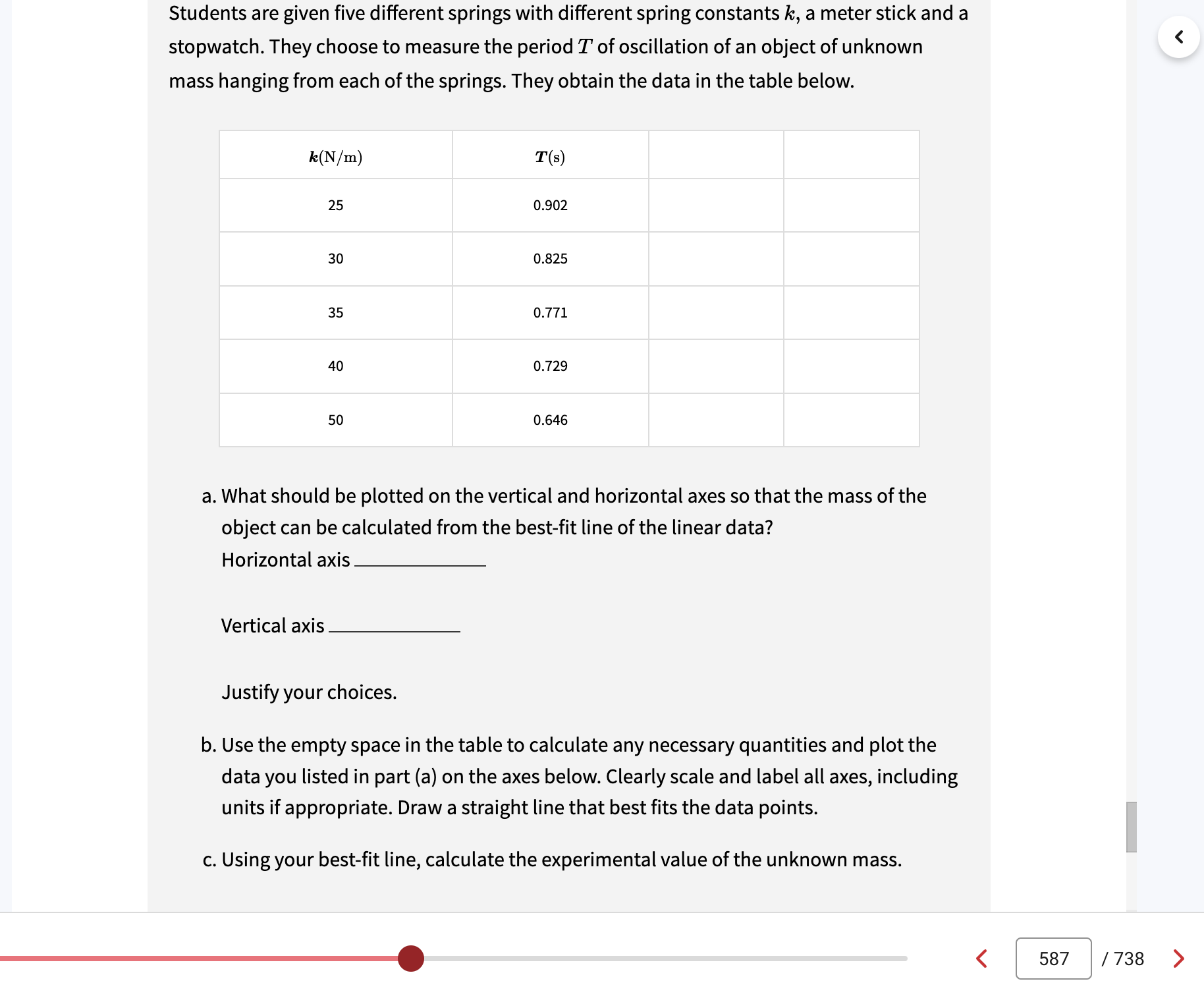 Students are given five different springs with different spring constants k, a