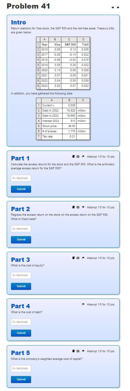 Problem 41 Intro Return statistics for Visa stock, the S&P 500 and