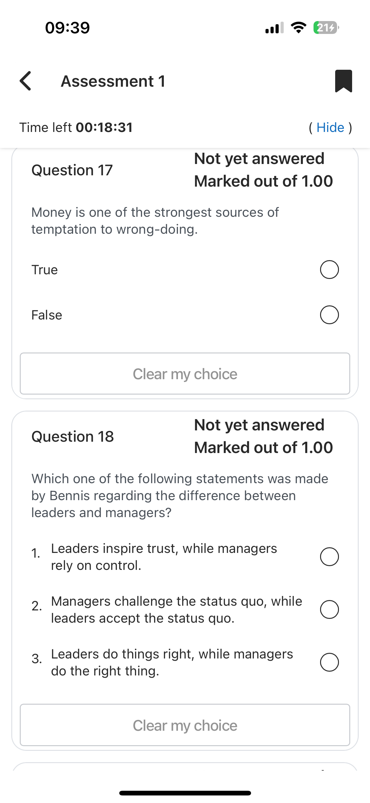 < 09:39 Assessment 1 214 Time left 00:18:31 ( Hide ) Not