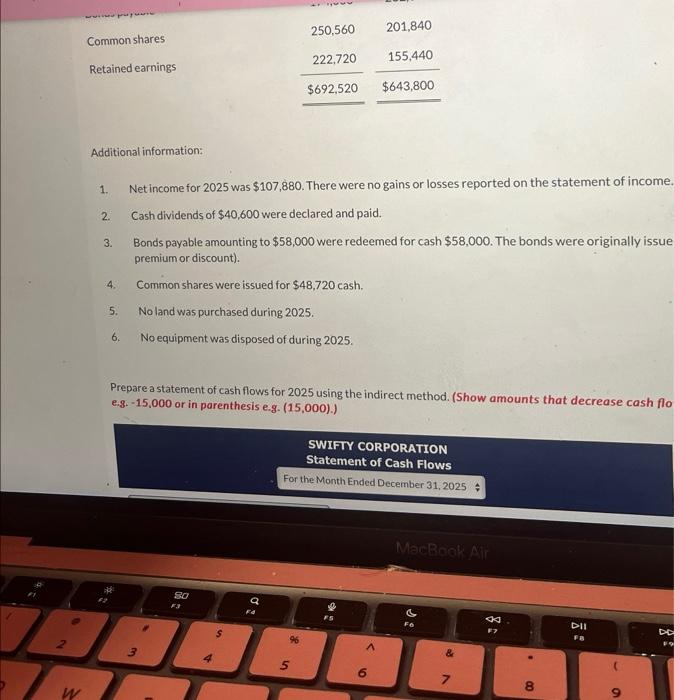 of financial position for Swifty Corporation. SWIFTY CORPORATION Statement of Financial Position