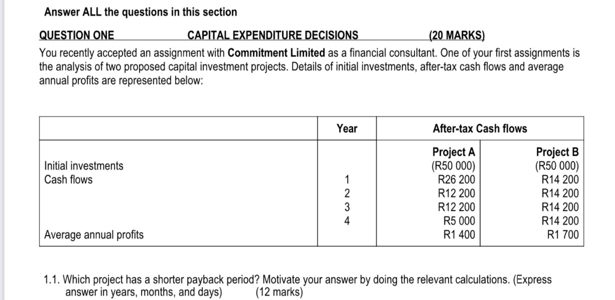 Answer ALL the questions in this section QUESTION ONE CAPITAL EXPENDITURE DECISIONS
