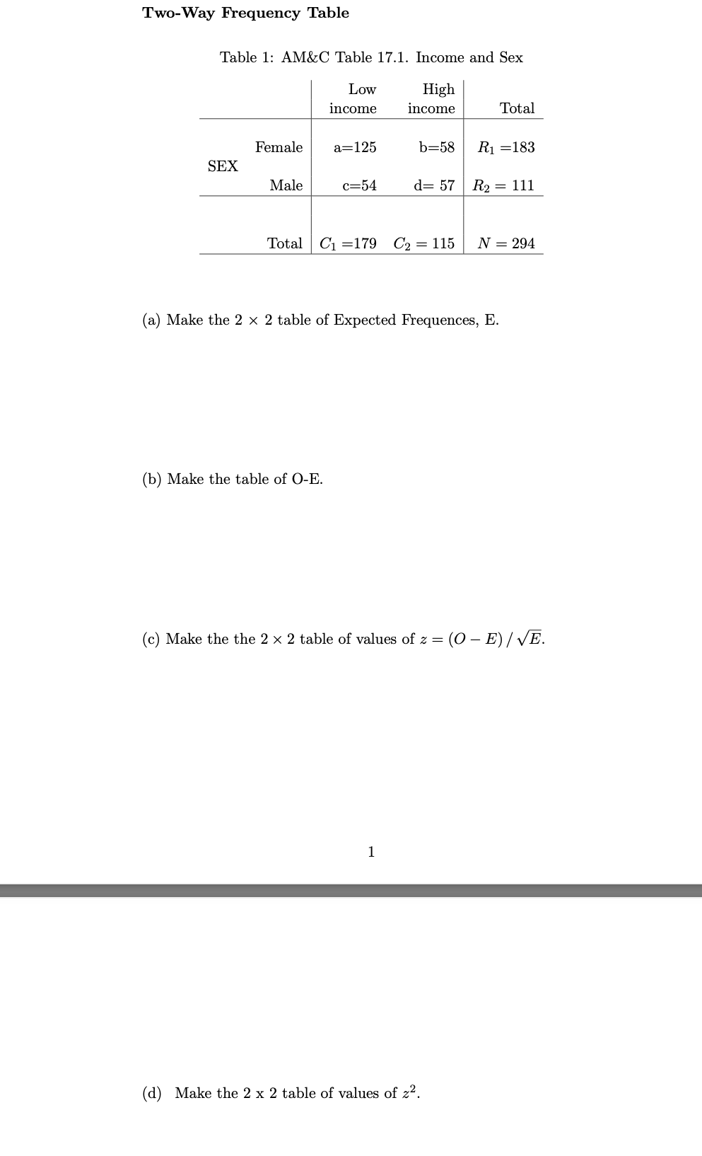 Two-Way Frequency Table Table 1: AM&C Table 17.1. Income and Sex Low