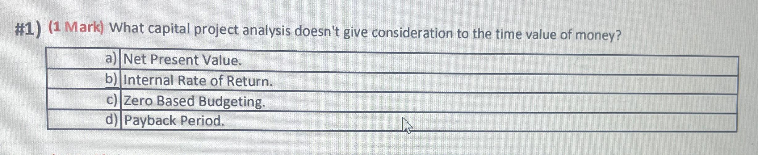 # 1) (1 Mark) What capital project analysis doesn't give consideration to