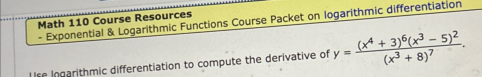 Math 110 Course Resources - Exponential & Logarithmic Functions Course Packet on