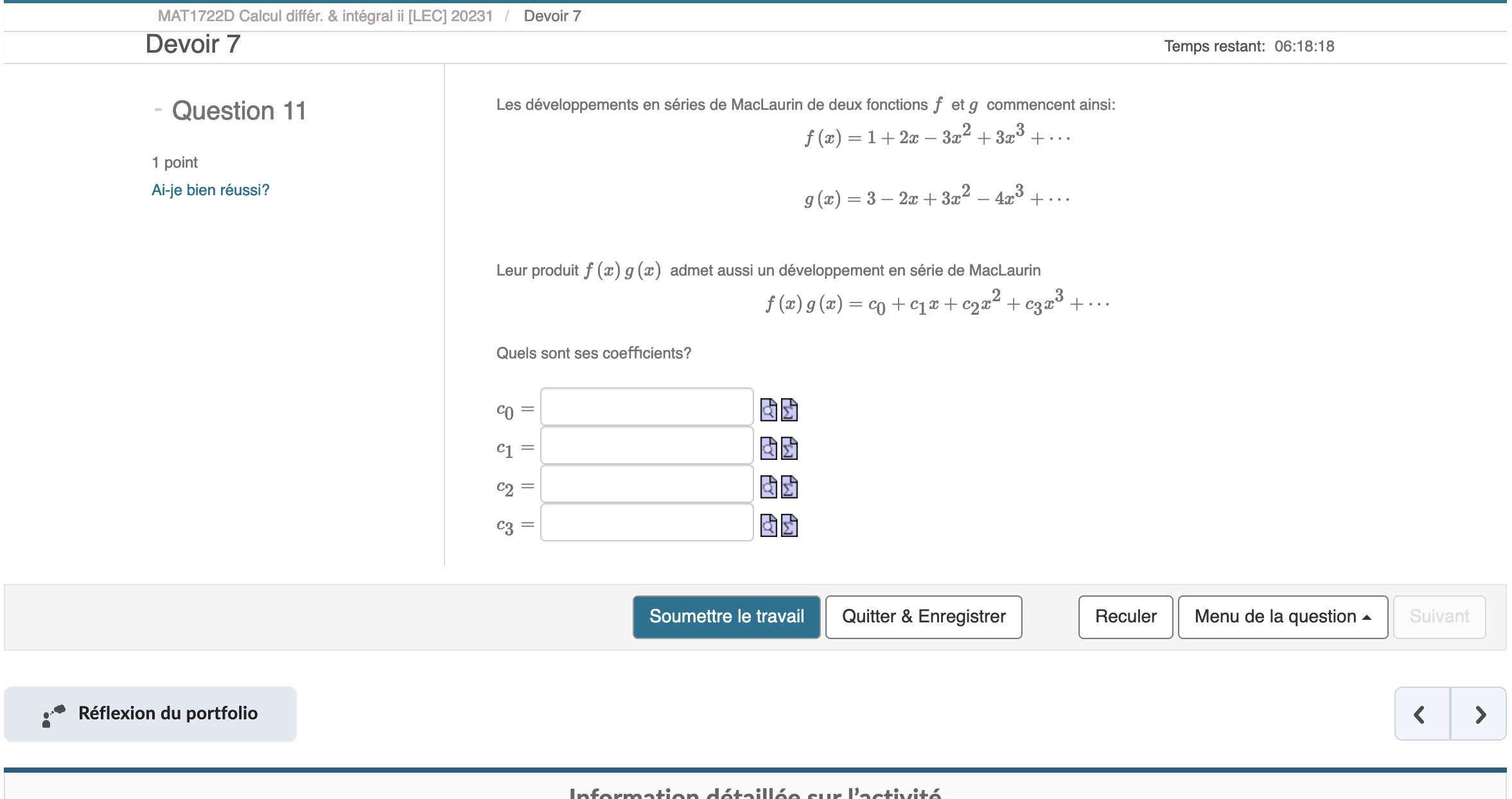 MAT1722D Calcul diffr. & intgral ii [LEC] 20231 / Devoir 7 Devoir