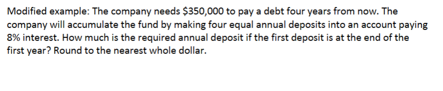 Modified example: The company needs $350,000 to pay a debt four years