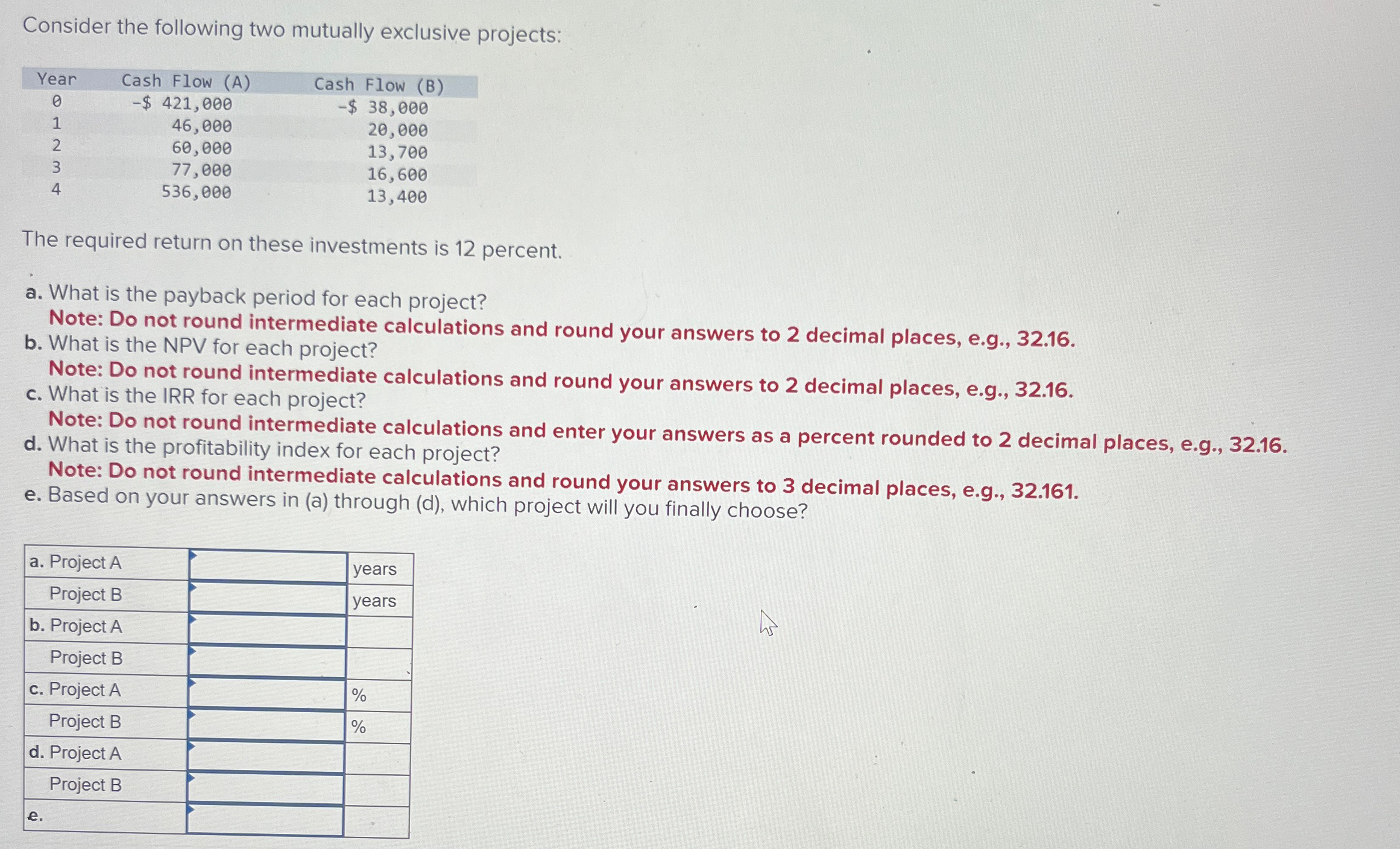 Consider the following two mutually exclusive projects: Year Cash Flow (A) Cash