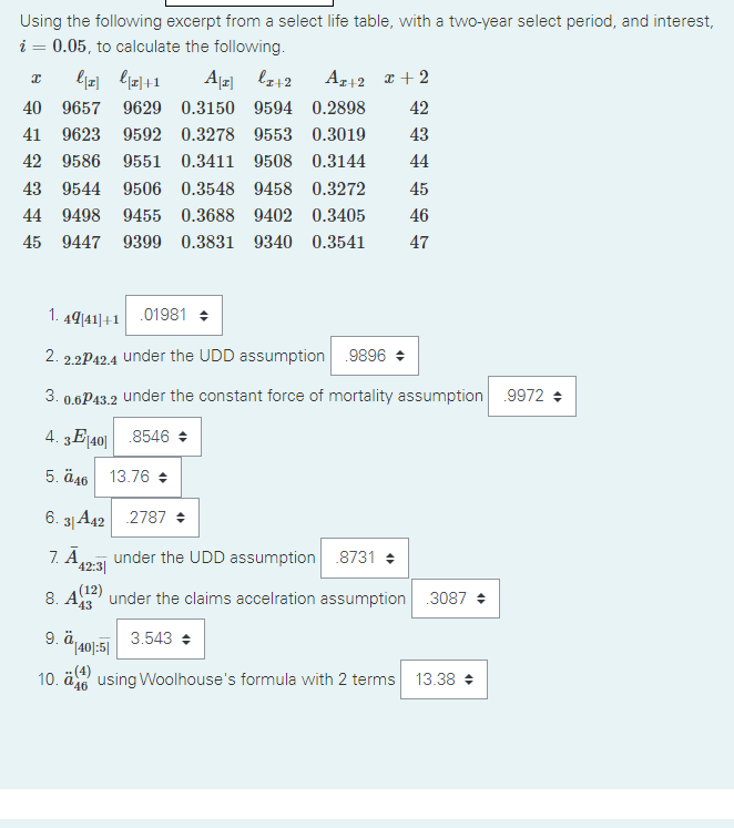 Using the following excerpt from a select life table, with a two-year