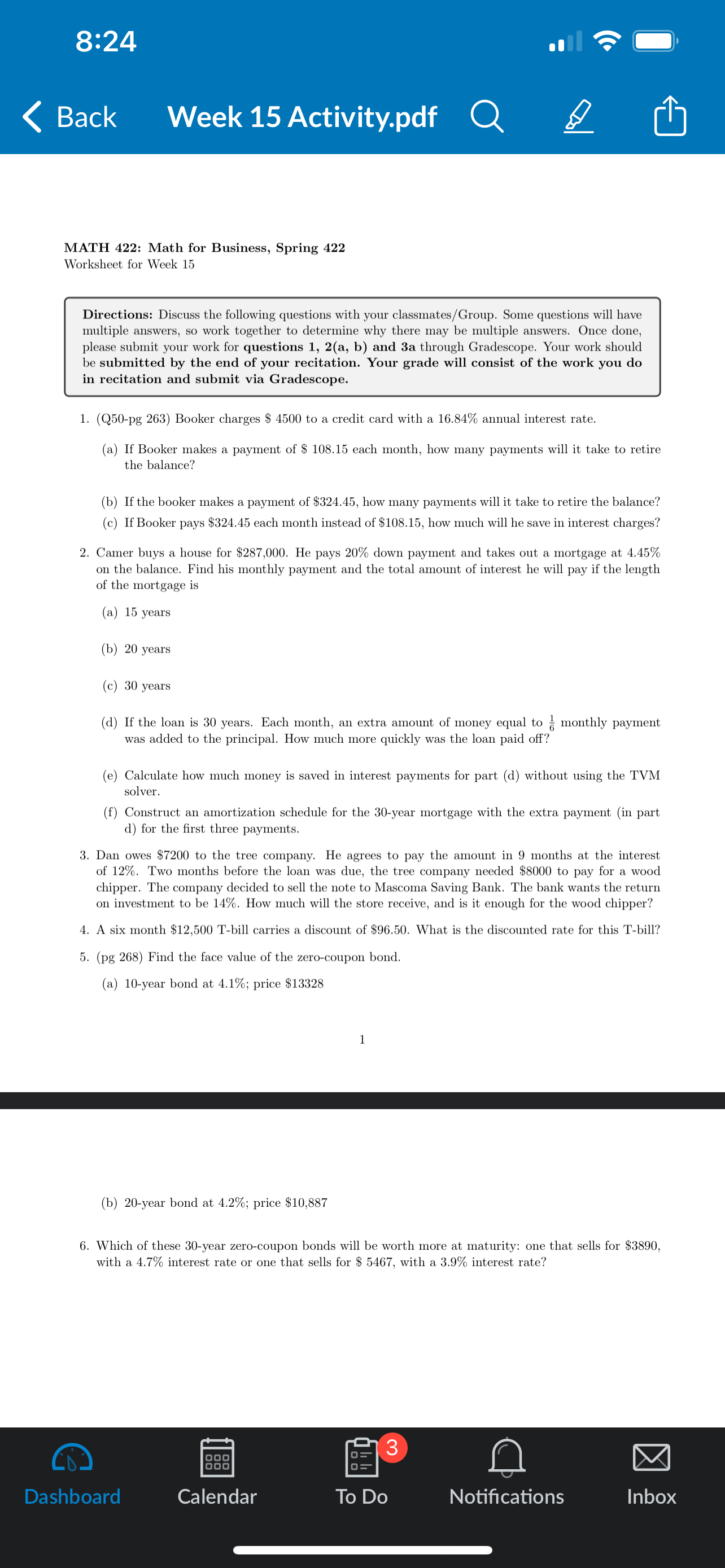 8:24 < Back Week 15 Activity.pdf Q MATH 422: Math for Business,