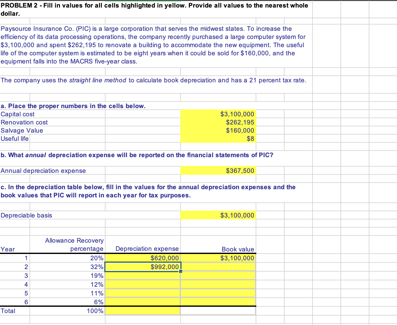 PROBLEM 2 - Fill in values for all cells highlighted in yellow.