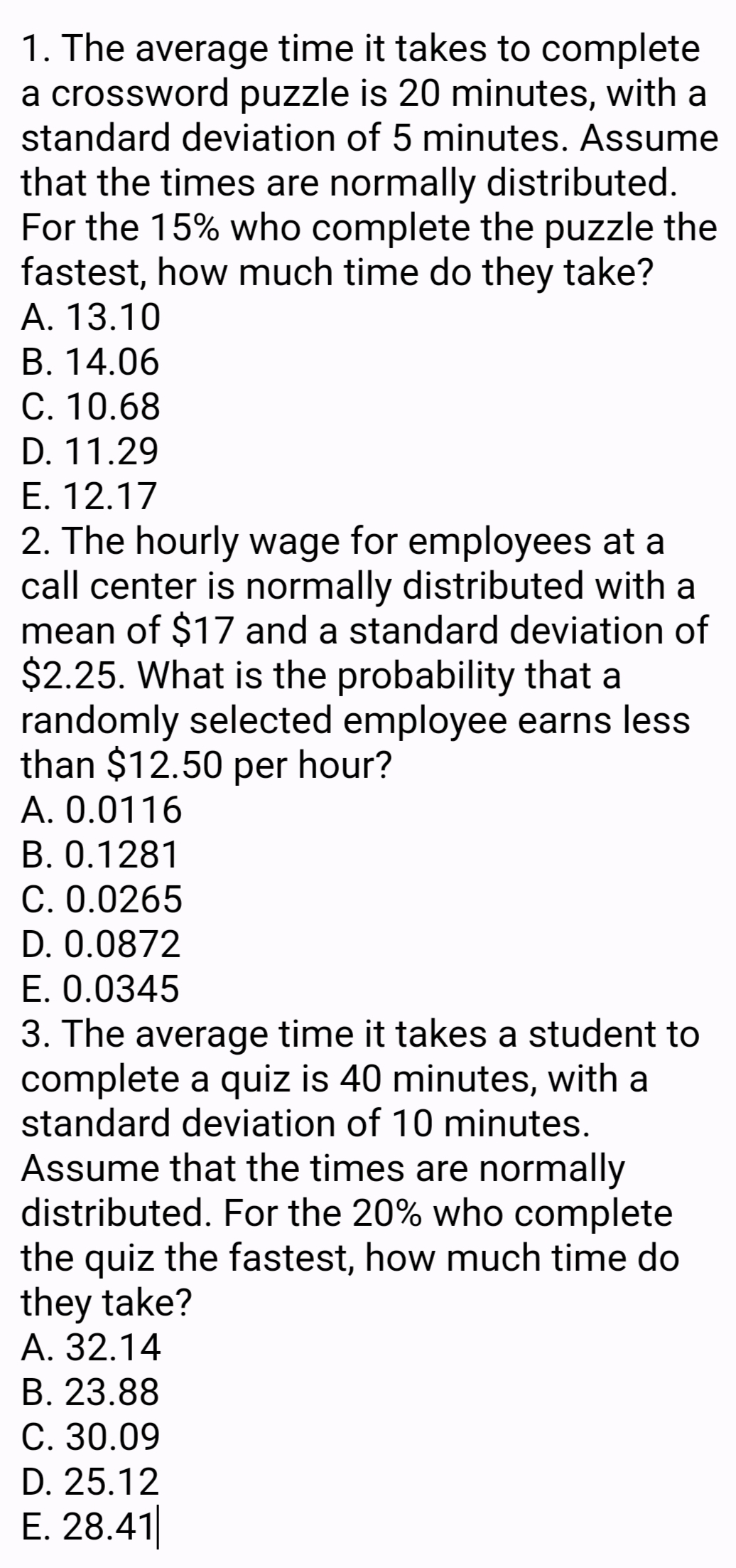 1. The average time it takes to complete a crossword puzzle is