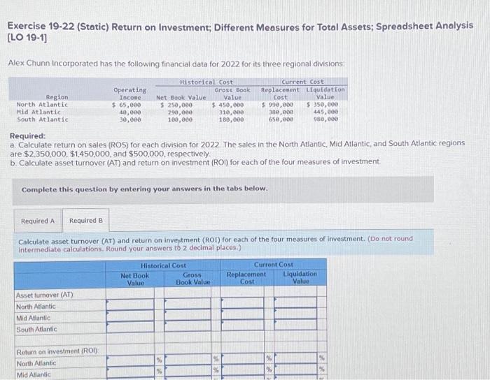 Exercise 19-22 (Static) Return on Investment; Different Measures for Total Assets; Spreadsheet