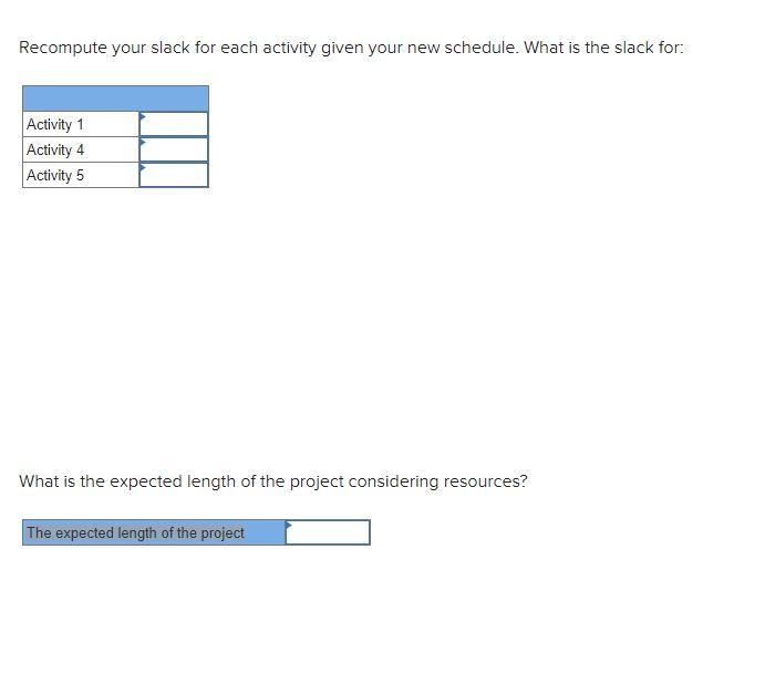 Recompute your slack for each activity given your new schedule. What is