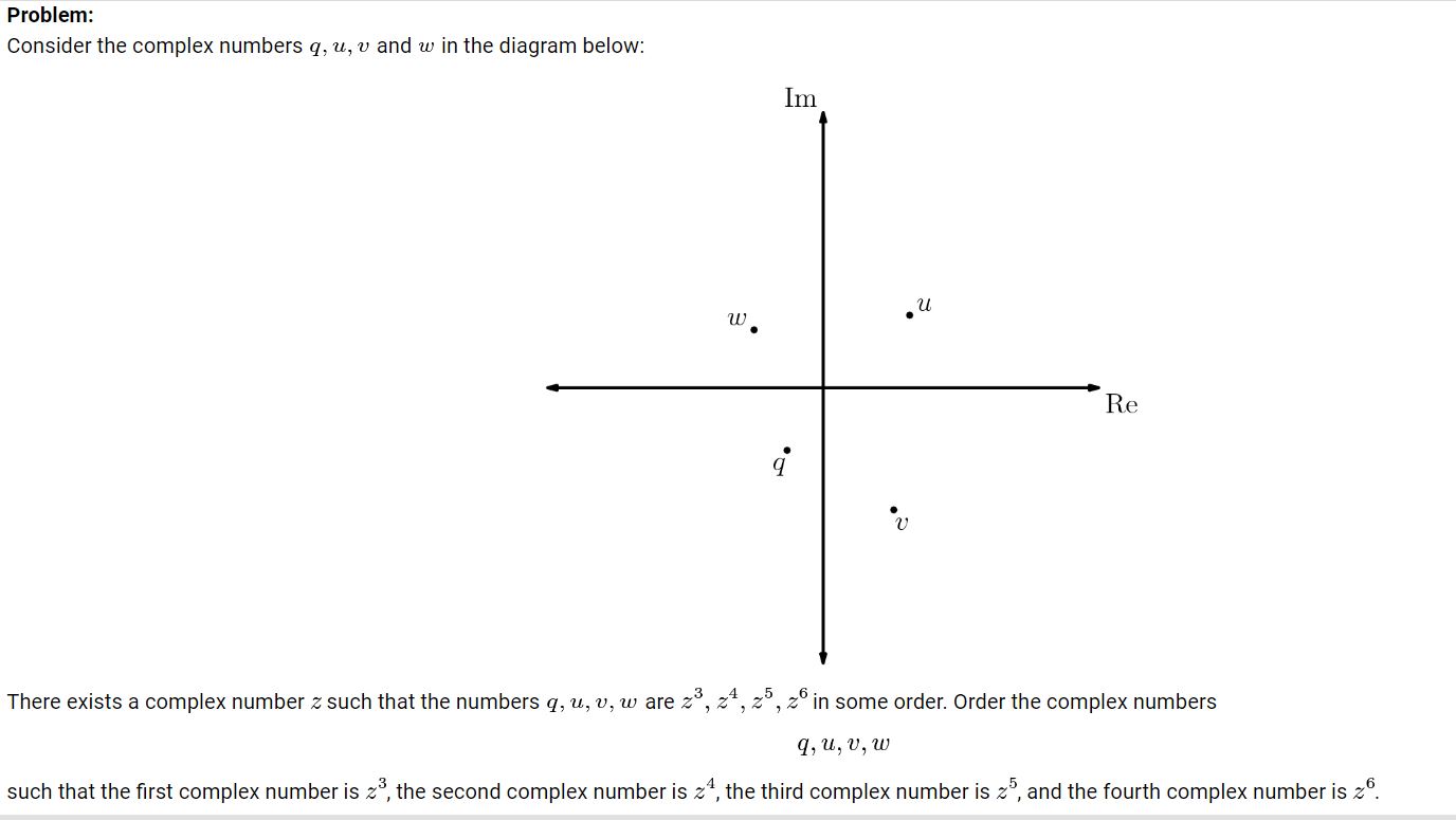 Problem: Consider the complex numbers q, u, v and w in the