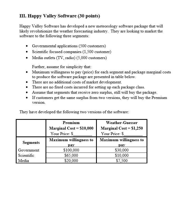 III. Happy Valley Software (30 points) Happy Valley Software has developed a