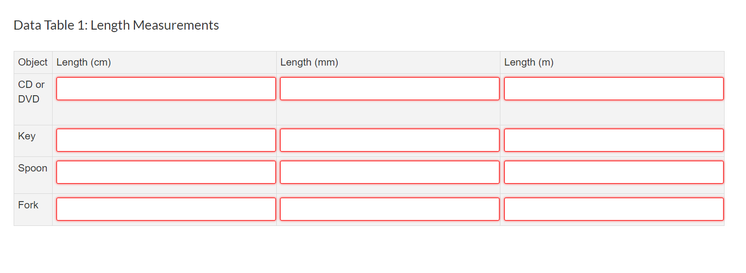 Data Table 1: Length Measurements Object Length (cm) CD or DVD Key