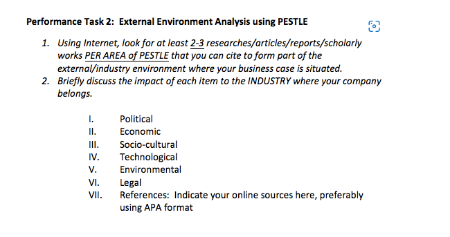 Performance Task 2: External Environment Analysis using PESTLE 1. Using Internet, look