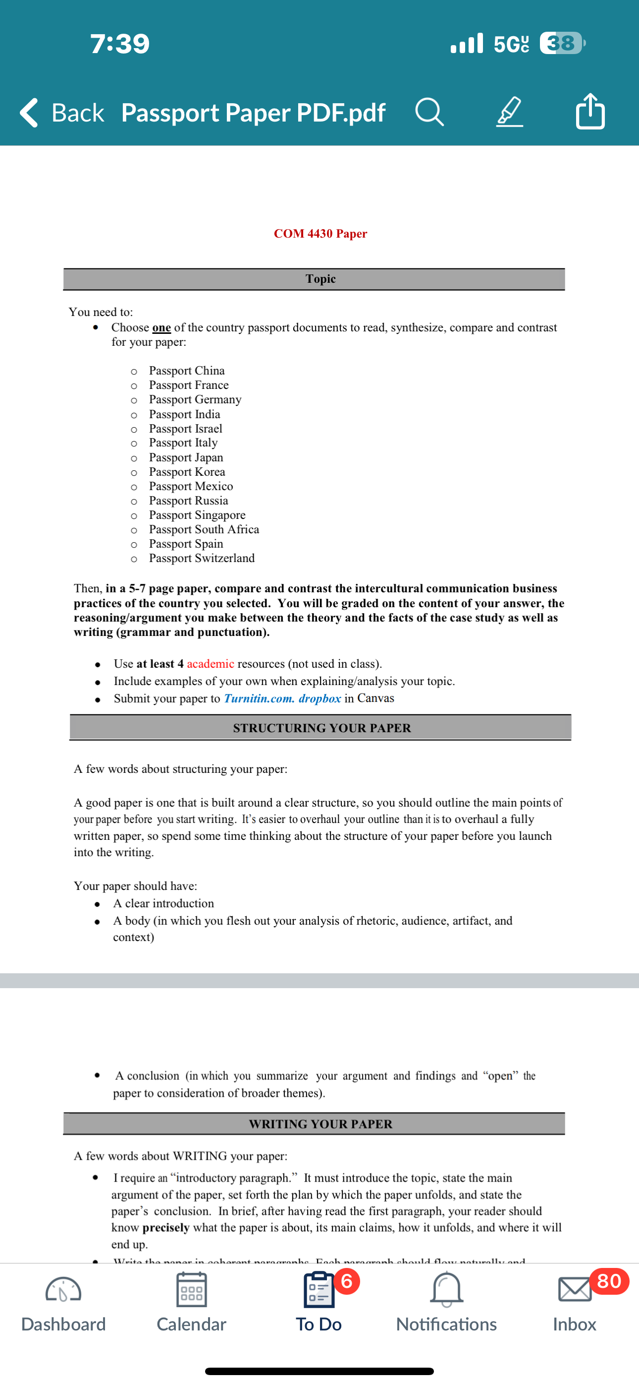 7:39 Back Passport Paper PDF.pdf COM 4430 Paper Topic Ill 5G 38