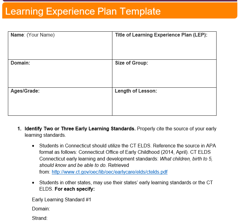 Learning Experience Plan Template Name: (Your Name) Domain: Ages/Grade: Title of Learning