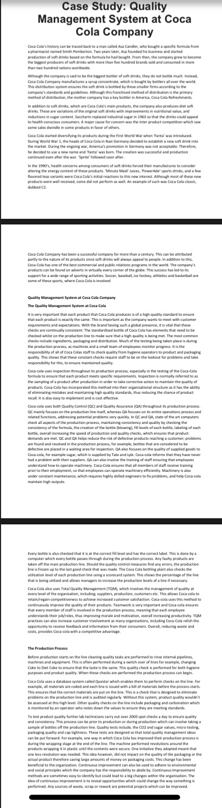 Case Study: Quality Management System at Coca Cola Company Coca Cola's history