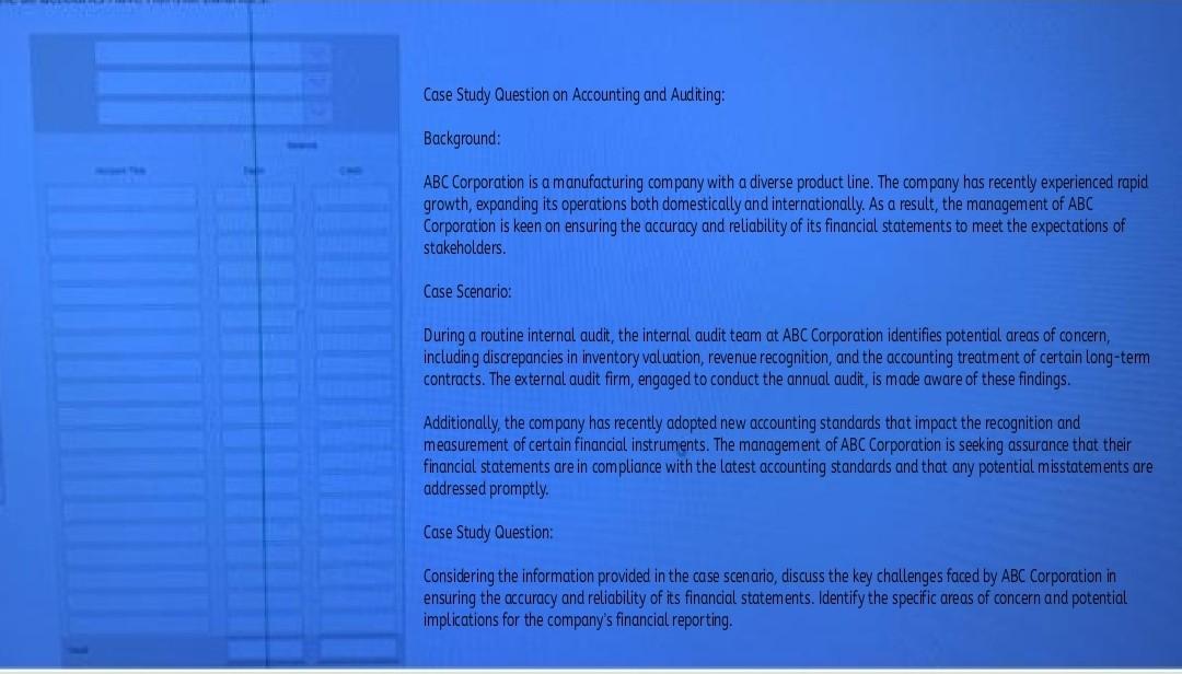 Case Study Question on Accounting and Auditing: Background: ABC Corporation is a