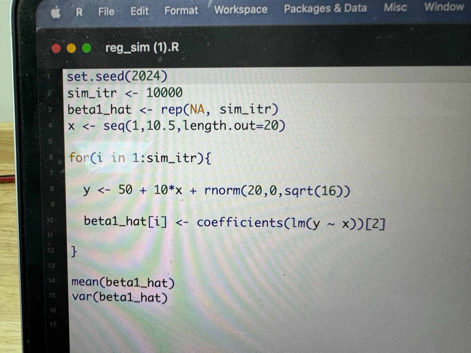 R File Edit Format Workspace Packages & Data Misc Window reg_sim (1).R