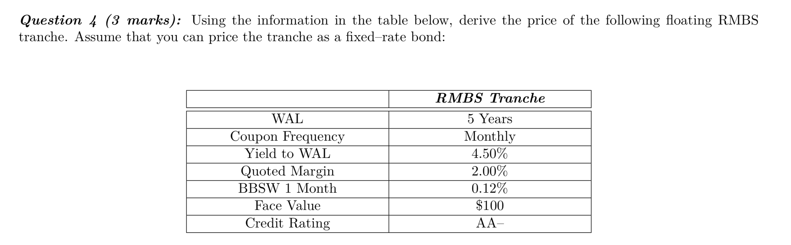 Question 4 (3 marks): Using the information in the table below, derive