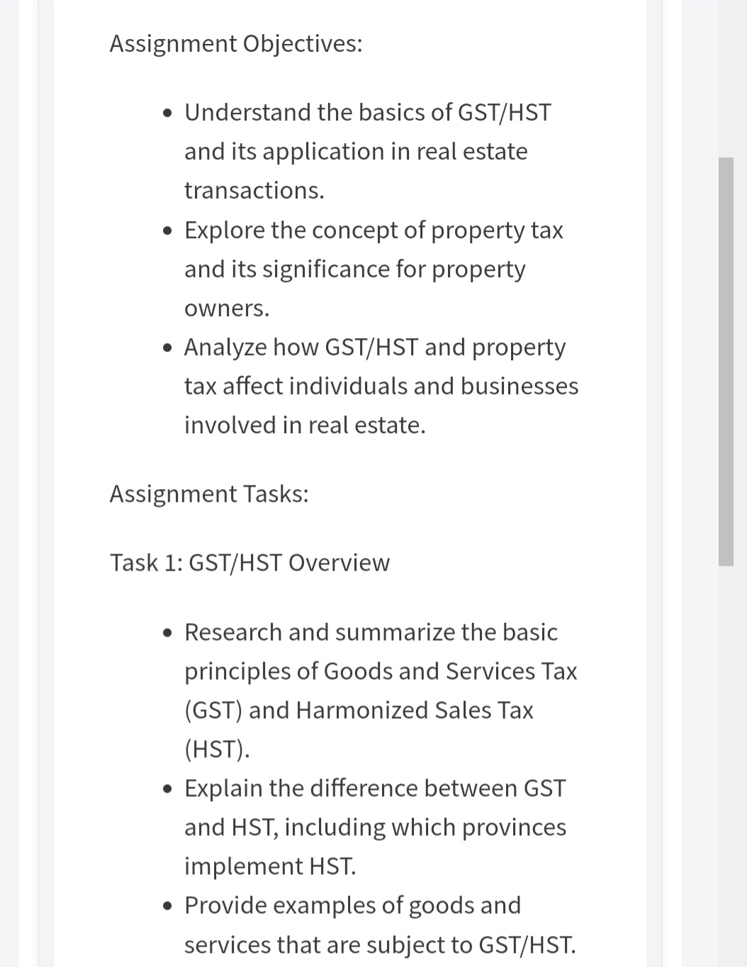 Assignment Objectives: Understand the basics of GST/HST and its application in real